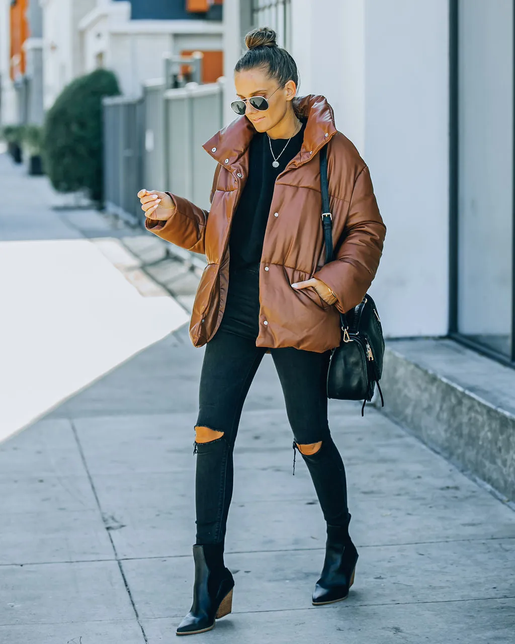 TastyHottie - Cade Pocketed Faux Leather Puffer Jacket - Brown