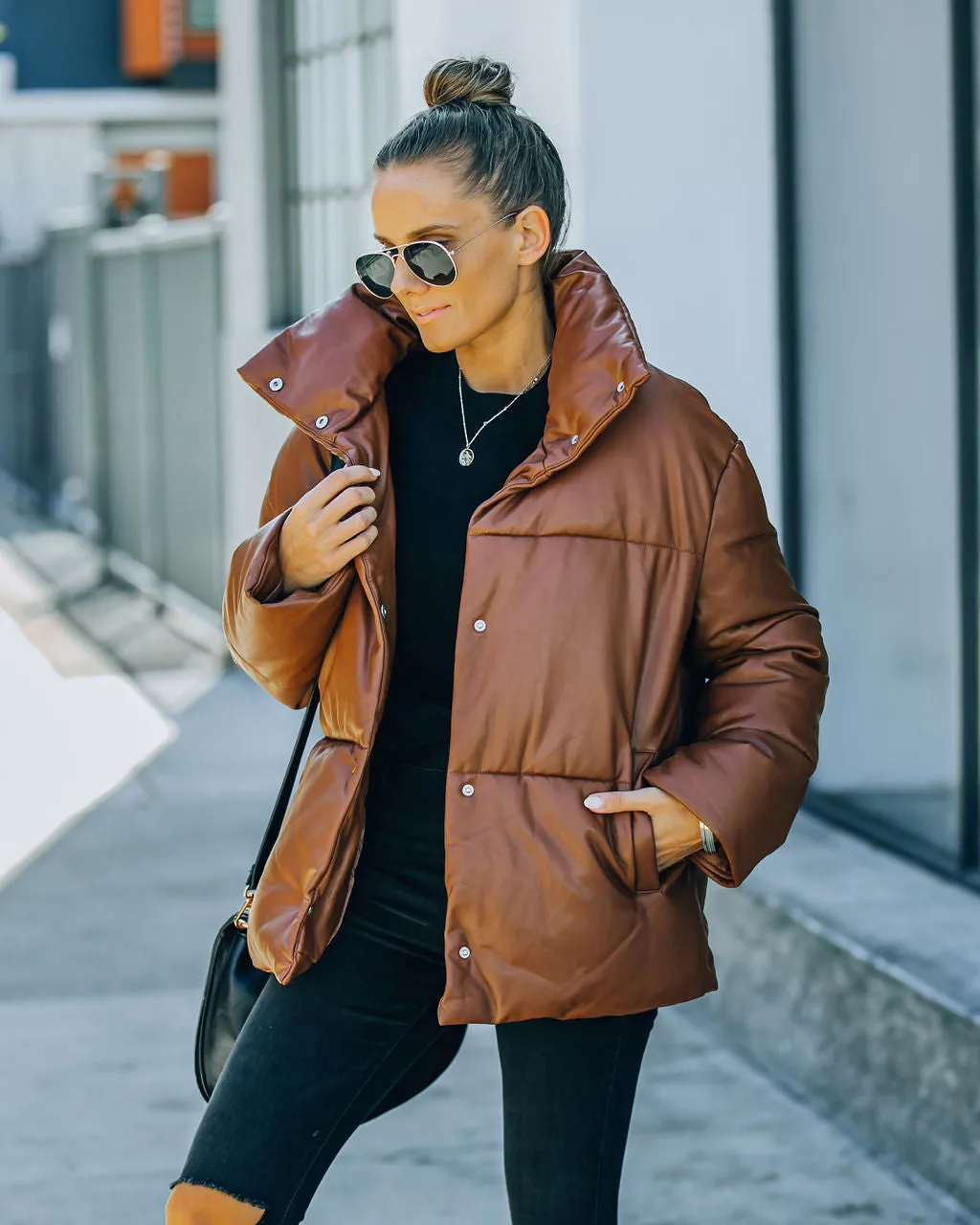 TastyHottie - Cade Pocketed Faux Leather Puffer Jacket - Brown