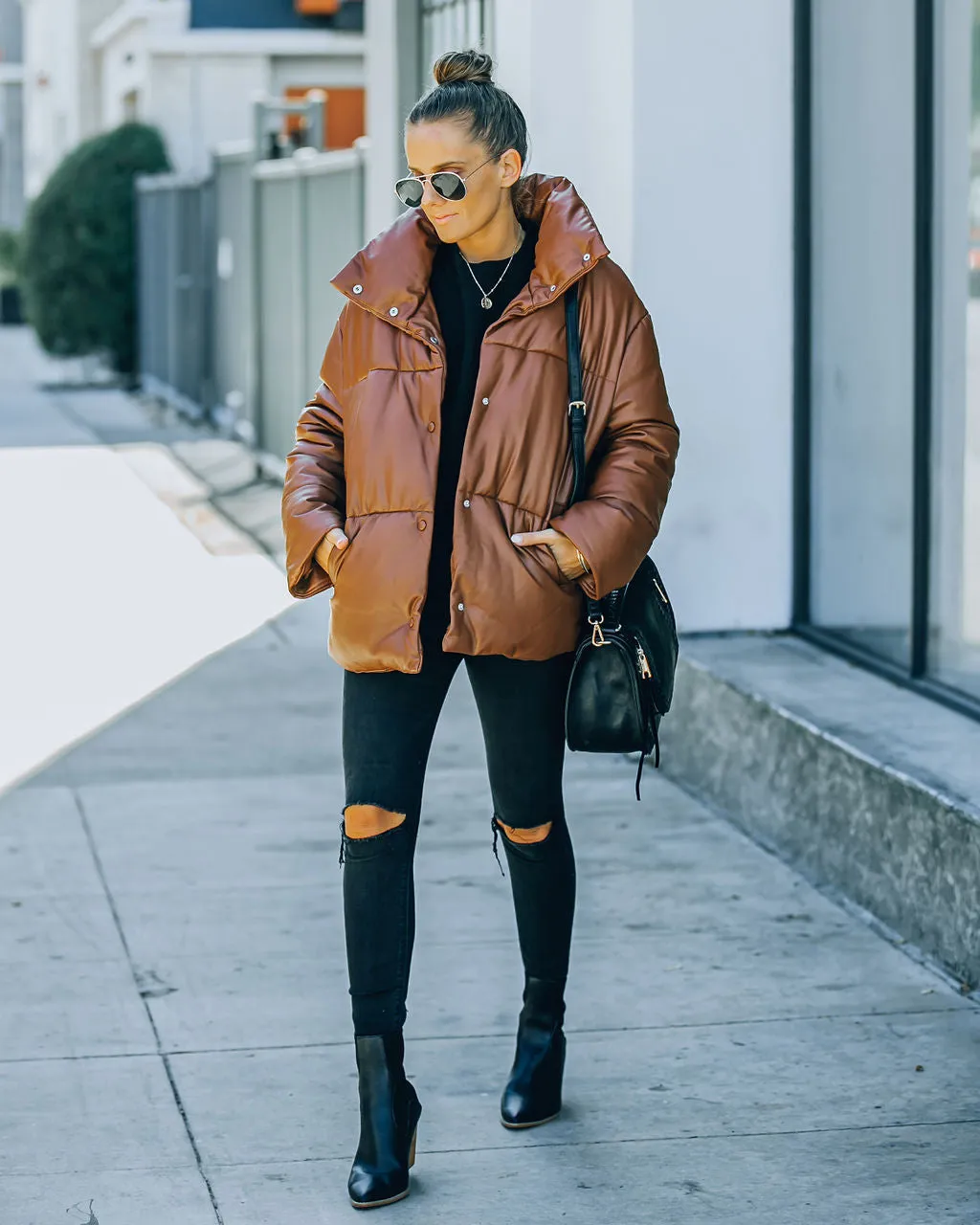TastyHottie - Cade Pocketed Faux Leather Puffer Jacket - Brown