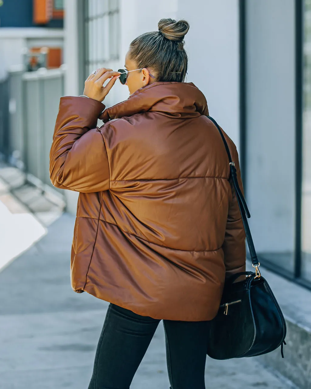 TastyHottie - Cade Pocketed Faux Leather Puffer Jacket - Brown