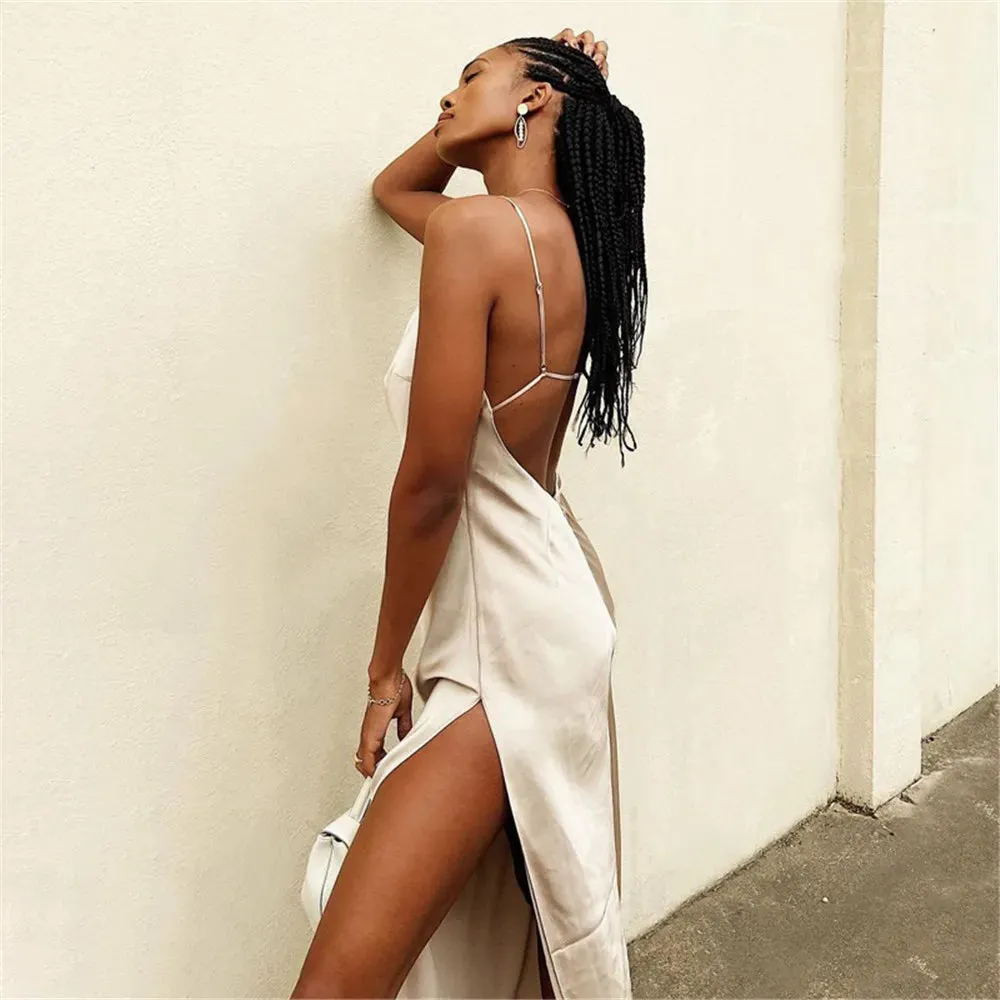 Uniwim Women Summer Dress Satin Silky Spaghetti Strap Split Long Dress Backless Draped Bodycon Evening Party Beach Sexy Dress