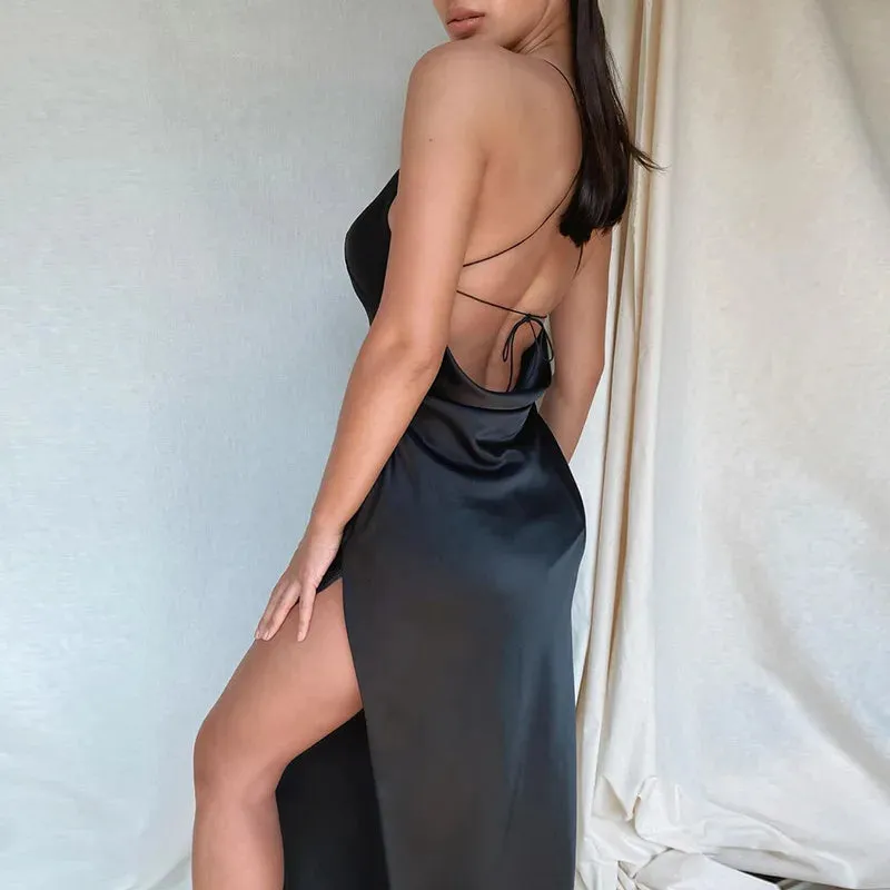 Uniwim Women Summer Dress Satin Silky Spaghetti Strap Split Long Dress Backless Draped Bodycon Evening Party Beach Sexy Dress