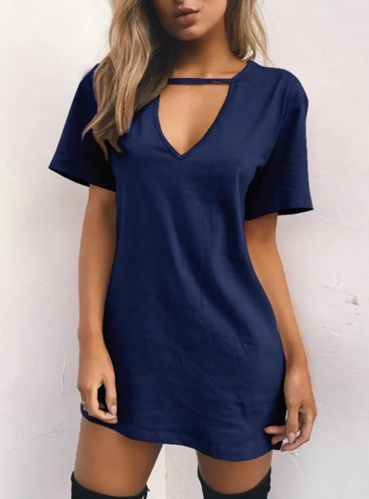 V Neck Cotton Summer Dresses Female Solid Casual Loose Dress