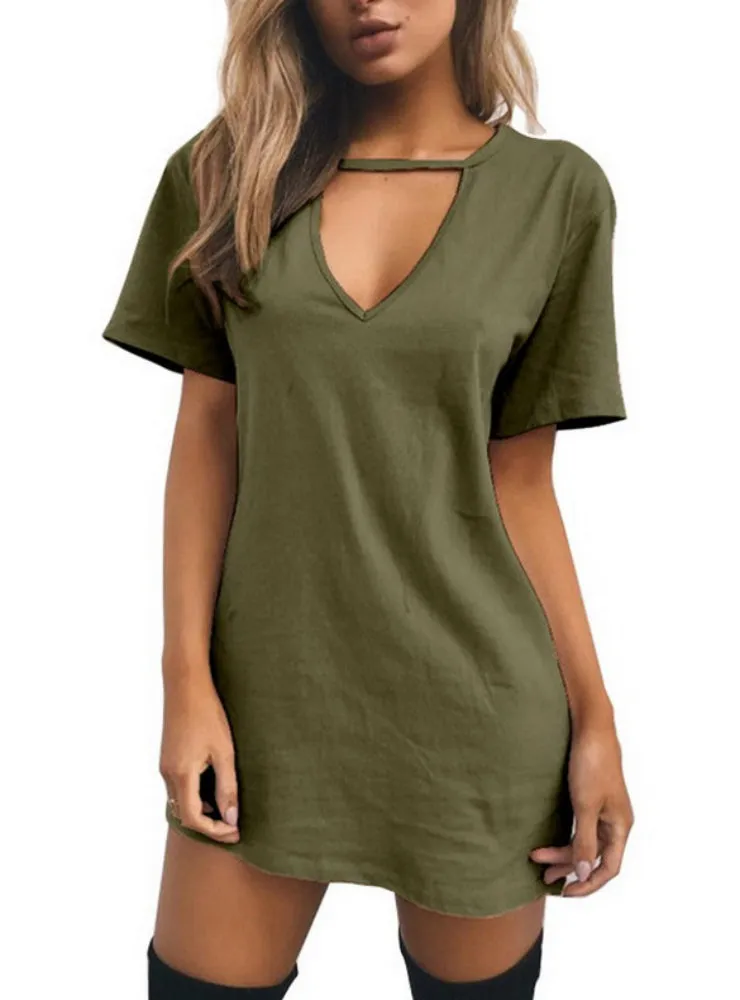V Neck Cotton Summer Dresses Female Solid Casual Loose Dress