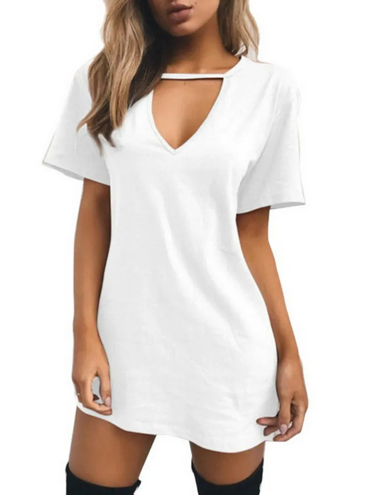 V Neck Cotton Summer Dresses Female Solid Casual Loose Dress