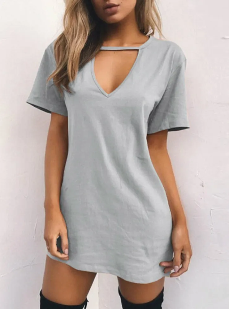 V Neck Cotton Summer Dresses Female Solid Casual Loose Dress