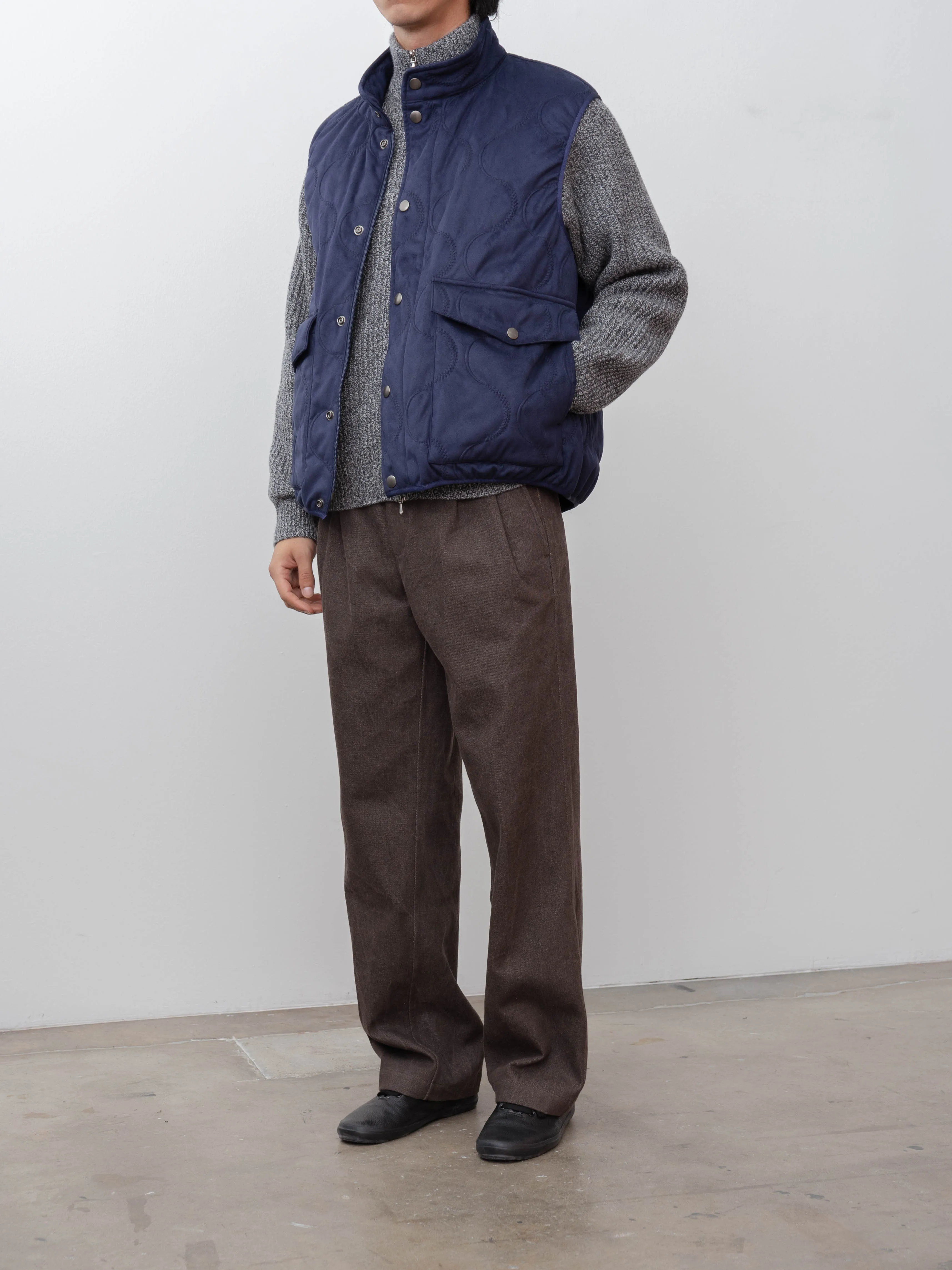 Vegan Nubuck Quilted Zip & Fly Front High Neck Vest - Navy