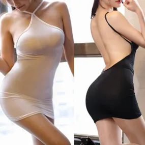 VenusFox Sexy Women Bodycon Tight Dress Transparent Night Club Erotic Wear Thin Ice Silk See Through Strip Halter Backless MINI Dress