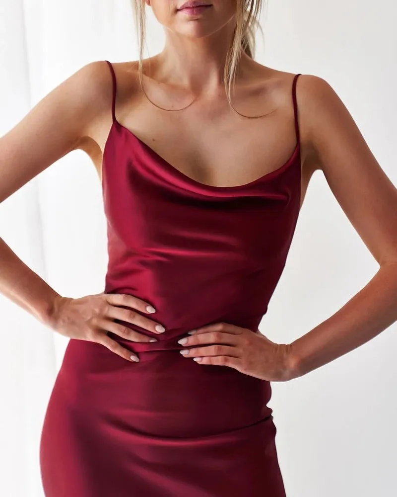 VenusFox Summer Sleeveless Spaghetti Strap Black Silk Long Dress Sexy Backless Elegant Satin Bodycon Party Dress Woman Split Midi Dresses