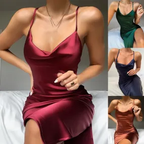 VenusFox Summer Sleeveless Spaghetti Strap Black Silk Long Dress Sexy Backless Elegant Satin Bodycon Party Dress Woman Split Midi Dresses