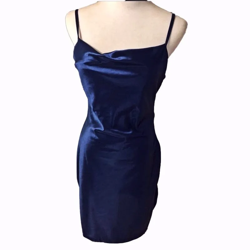 VenusFox Summer Sleeveless Spaghetti Strap Black Silk Long Dress Sexy Backless Elegant Satin Bodycon Party Dress Woman Split Midi Dresses