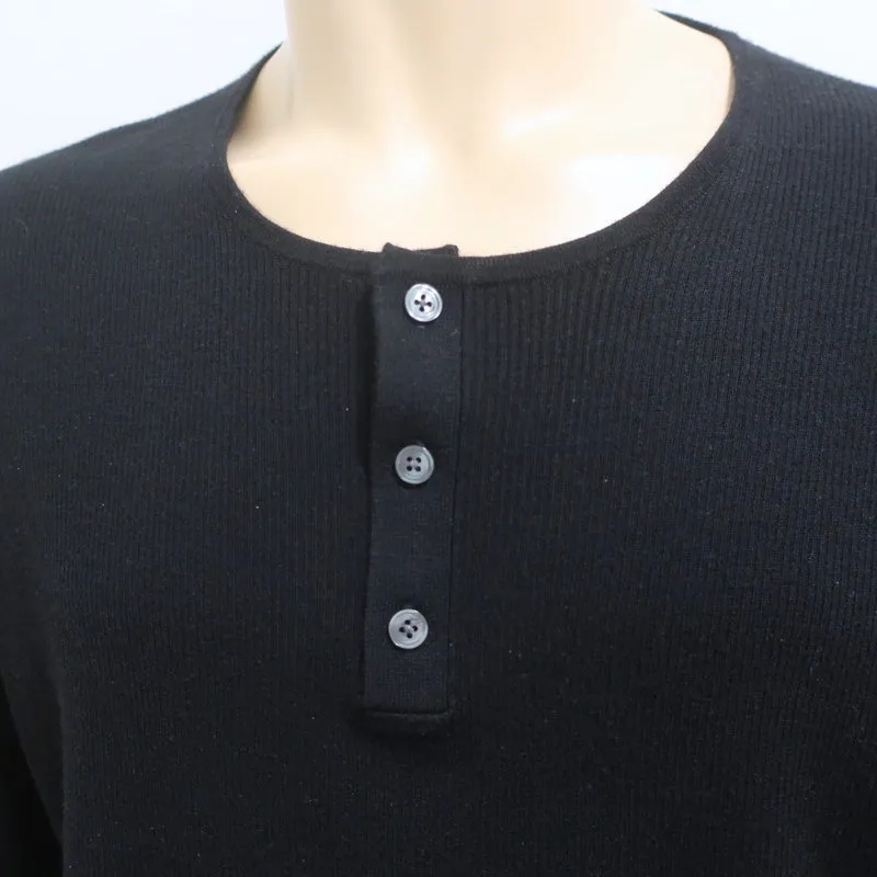Vince Henley Shirt Black Wool-Silk Ribbed Knit Size Extra Large Short Sleeve