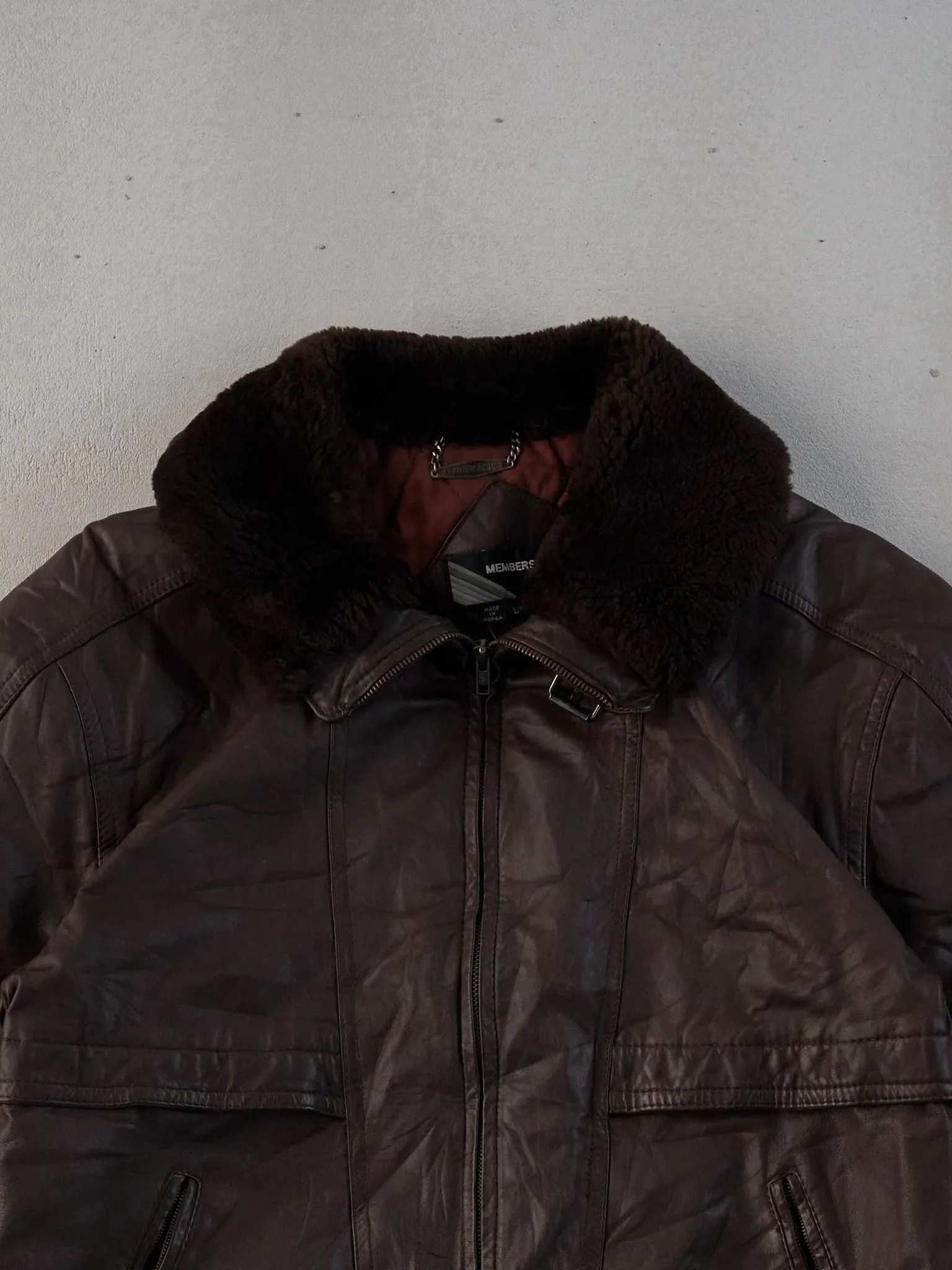 Vintage 80s Dark Brown Member Only Sherpa Collar Leather Jacket (M)