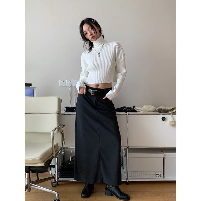 Wenkouban Autumn Casual Elastic Short Turtleneck Sweater Slim-Fit Navel Solid Color Sweater