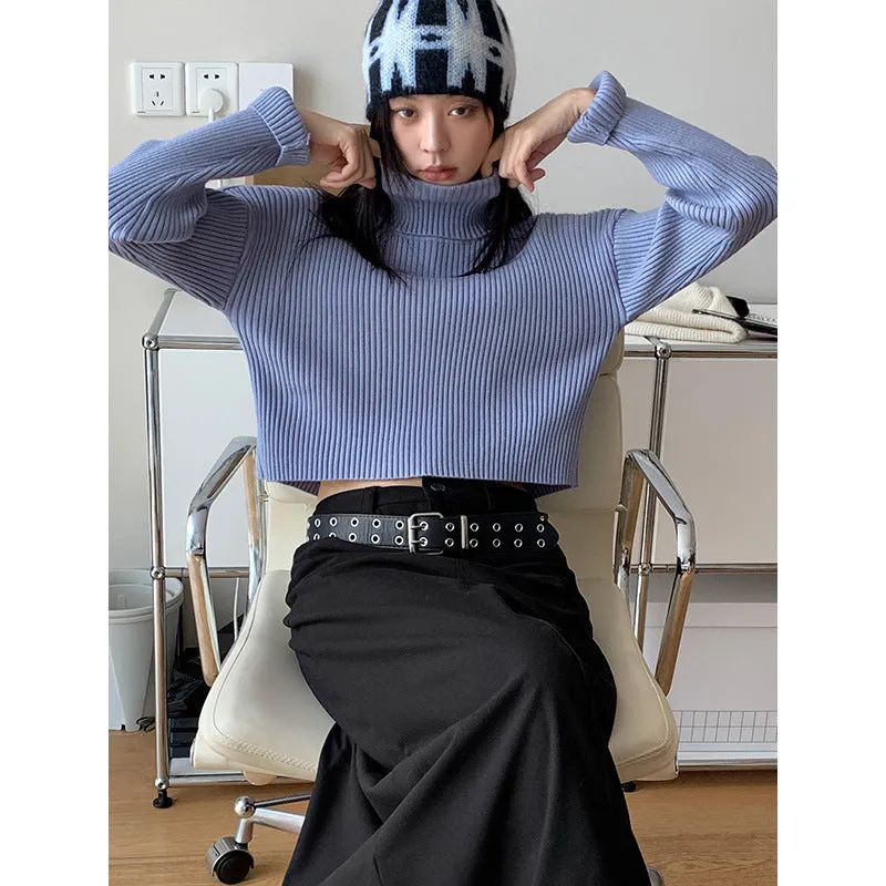 Wenkouban Autumn Casual Elastic Short Turtleneck Sweater Slim-Fit Navel Solid Color Sweater