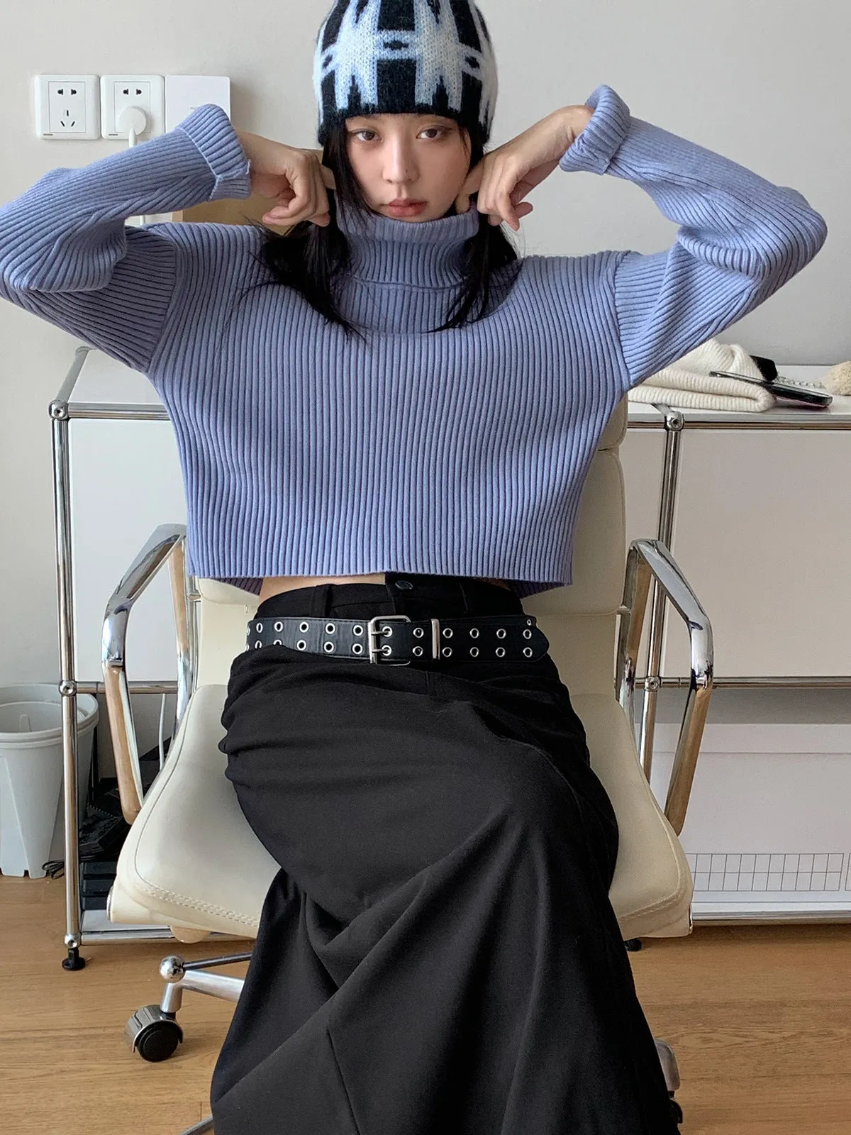 Wenkouban Autumn Casual Elastic Short Turtleneck Sweater Slim-Fit Navel Solid Color Sweater