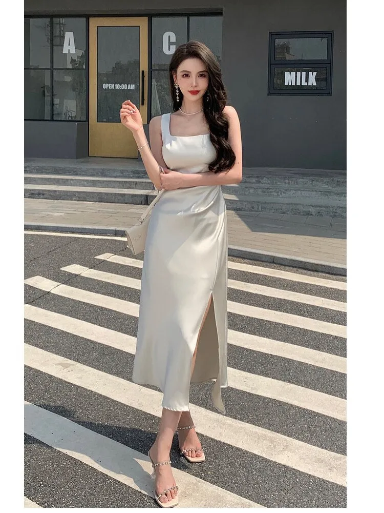 Wenkouban Summer Fashion Women Elegant White Satin French Dress Sexy Square Collar Silk Long Bodycon Dress Wedding Cocktail Prom Dresses