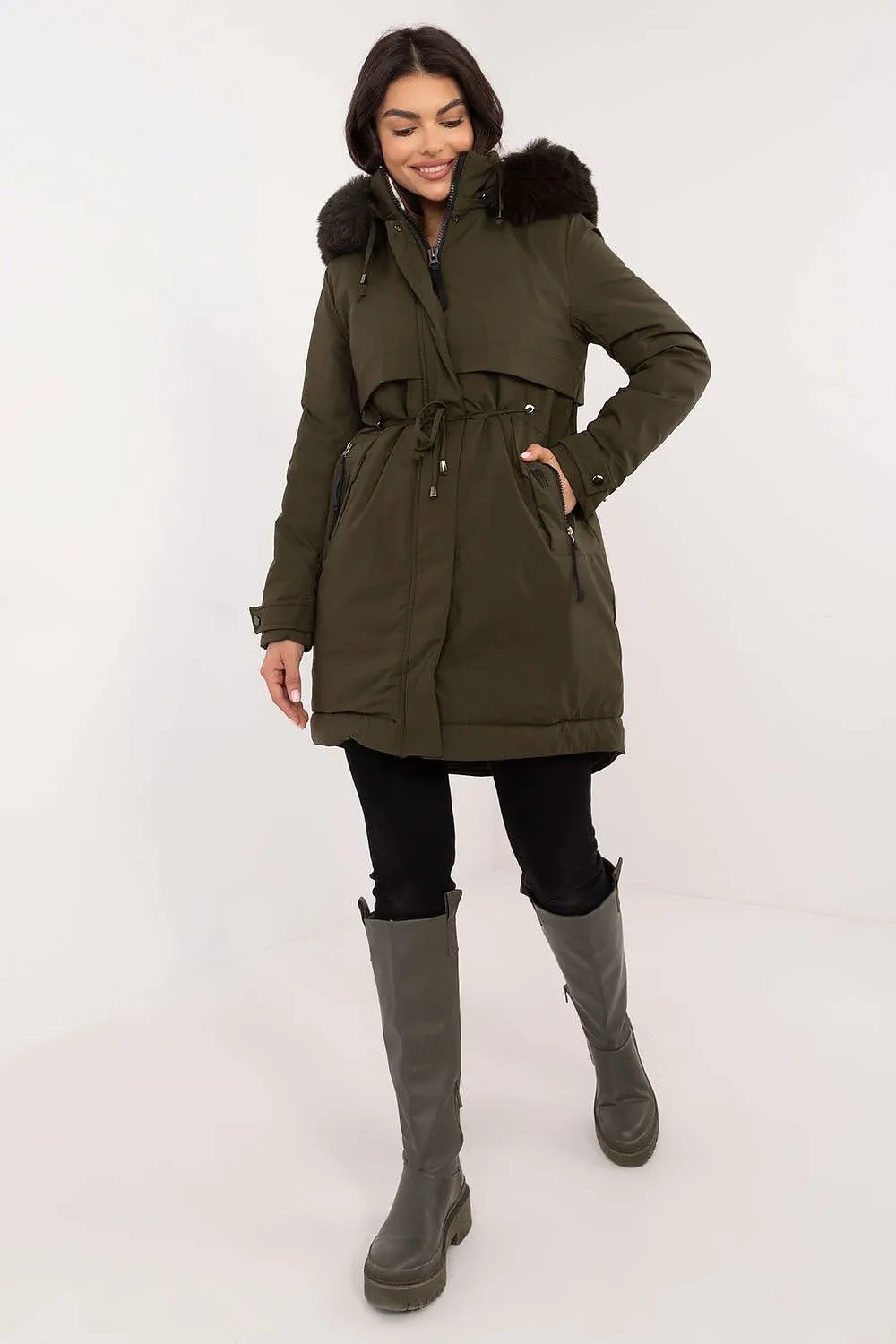 Winter Trench Down Jacket with Fur Hood Dusty Green