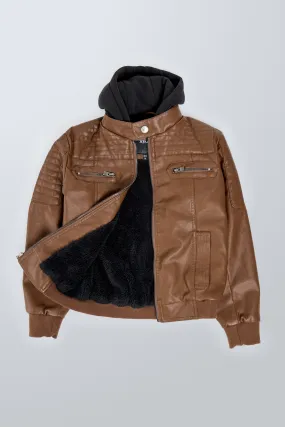 X RAY Boys Motorcycle PU Leather Jacket With Knit Hood