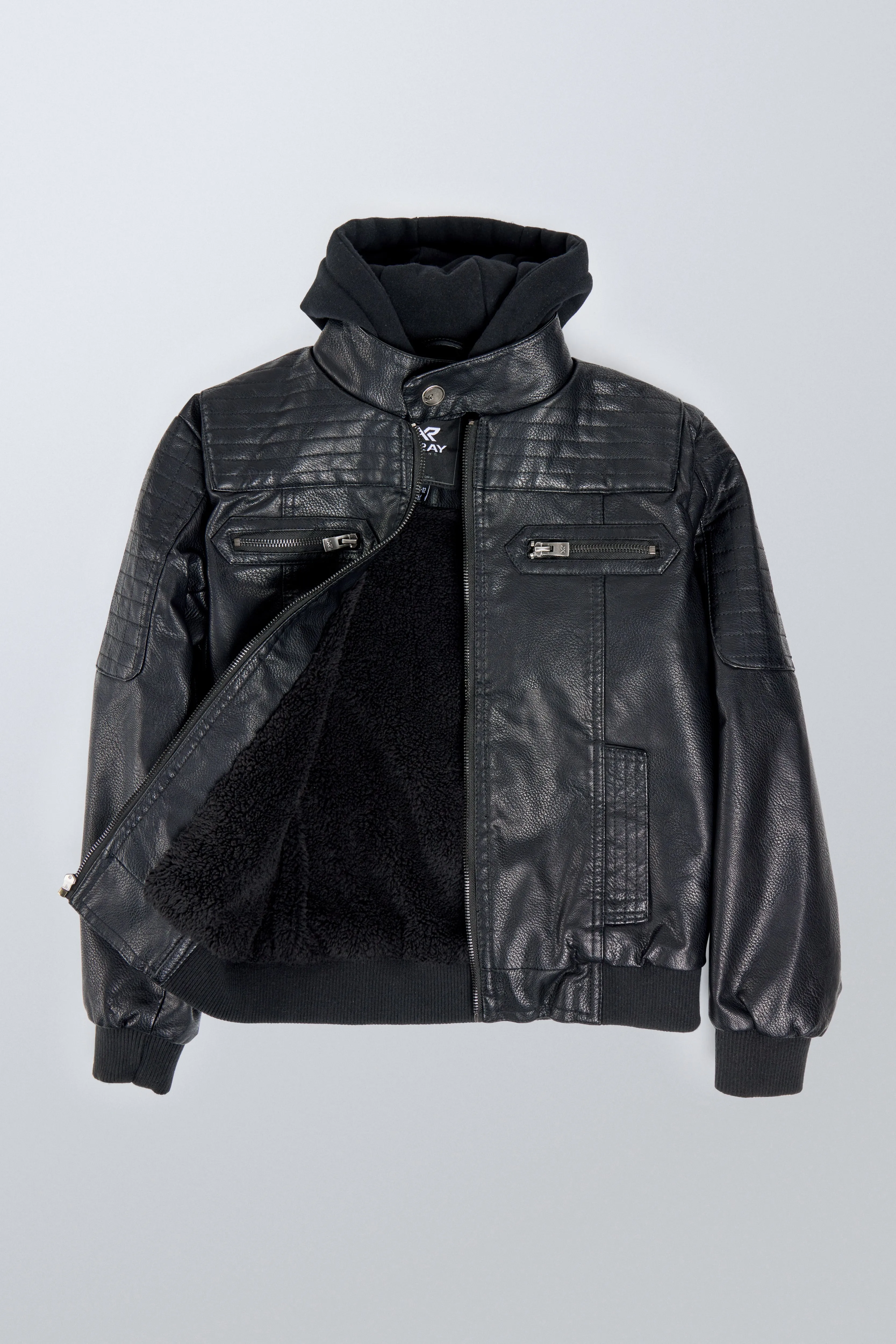 X RAY Boys Motorcycle PU Leather Jacket With Knit Hood