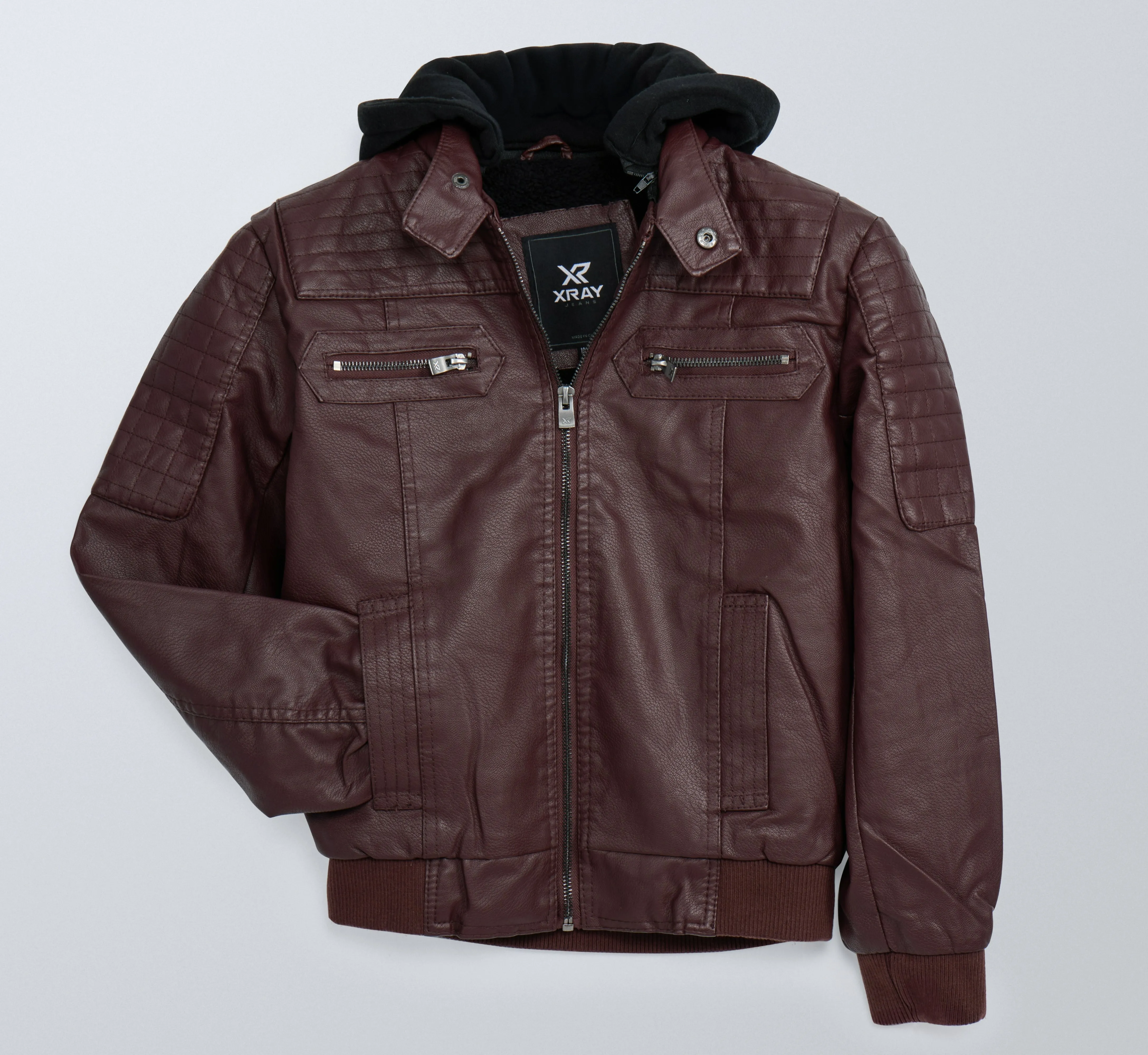 X RAY Boys Motorcycle PU Leather Jacket With Knit Hood