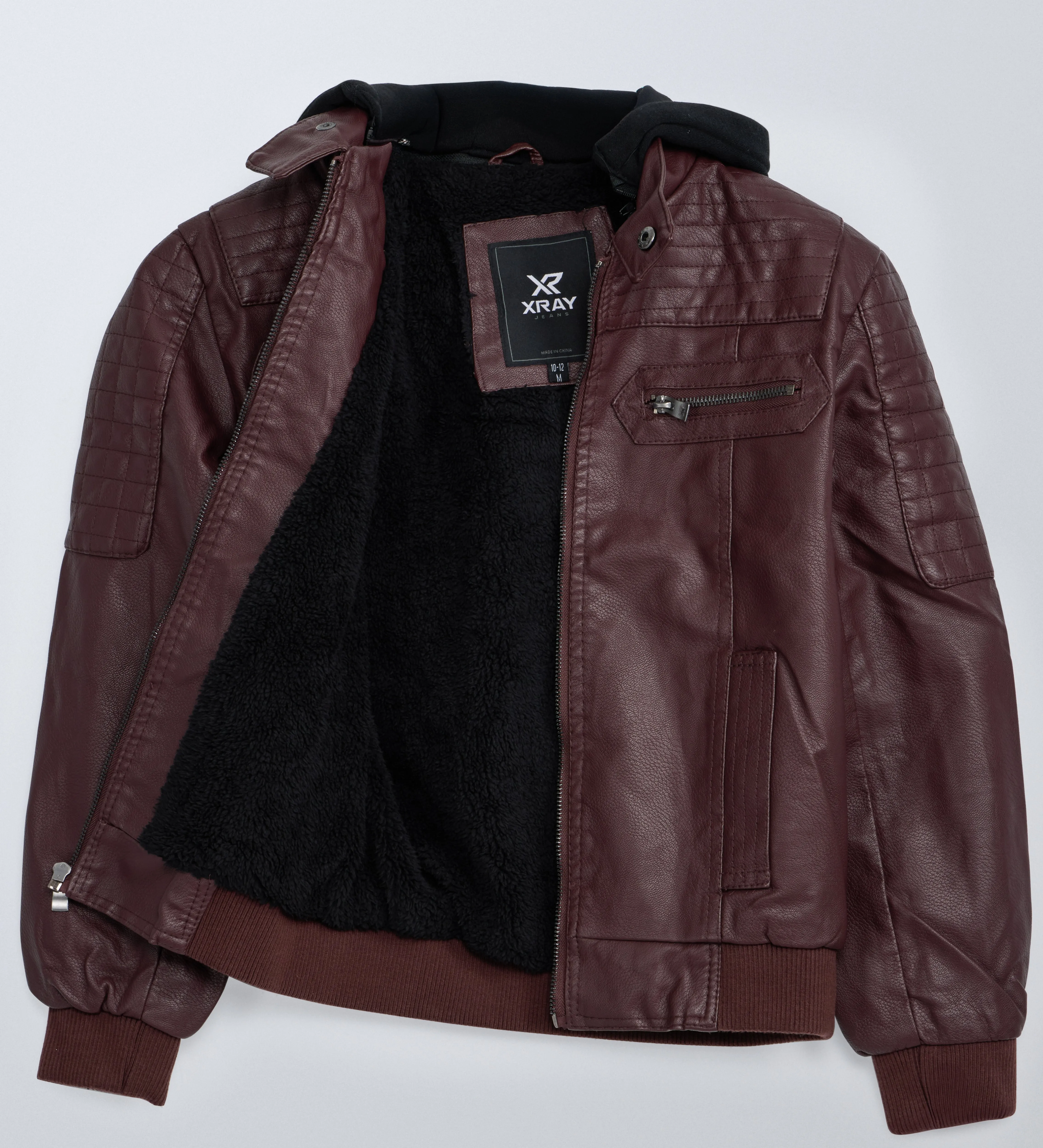 X RAY Boys Motorcycle PU Leather Jacket With Knit Hood