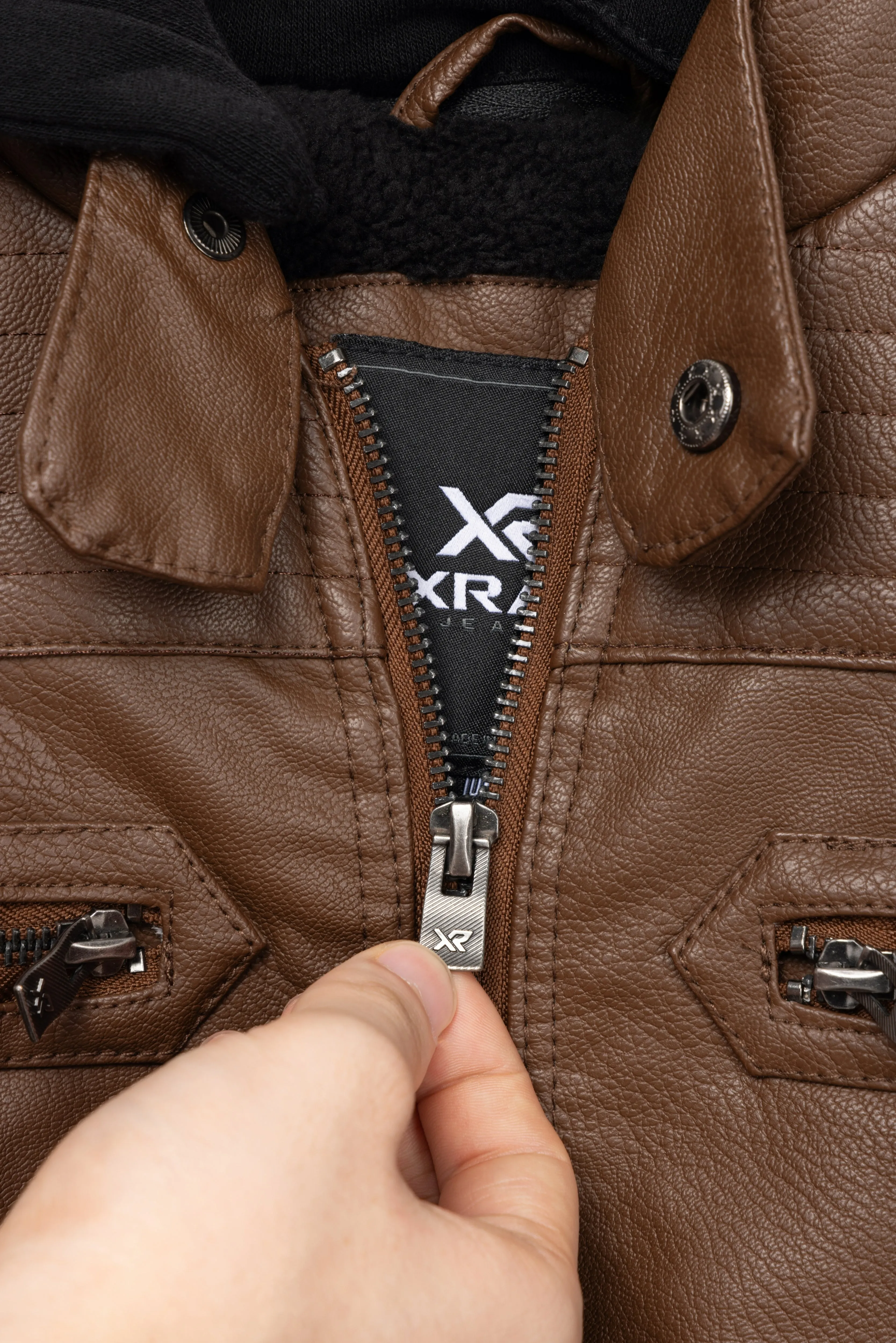X RAY Boys Motorcycle PU Leather Jacket With Knit Hood