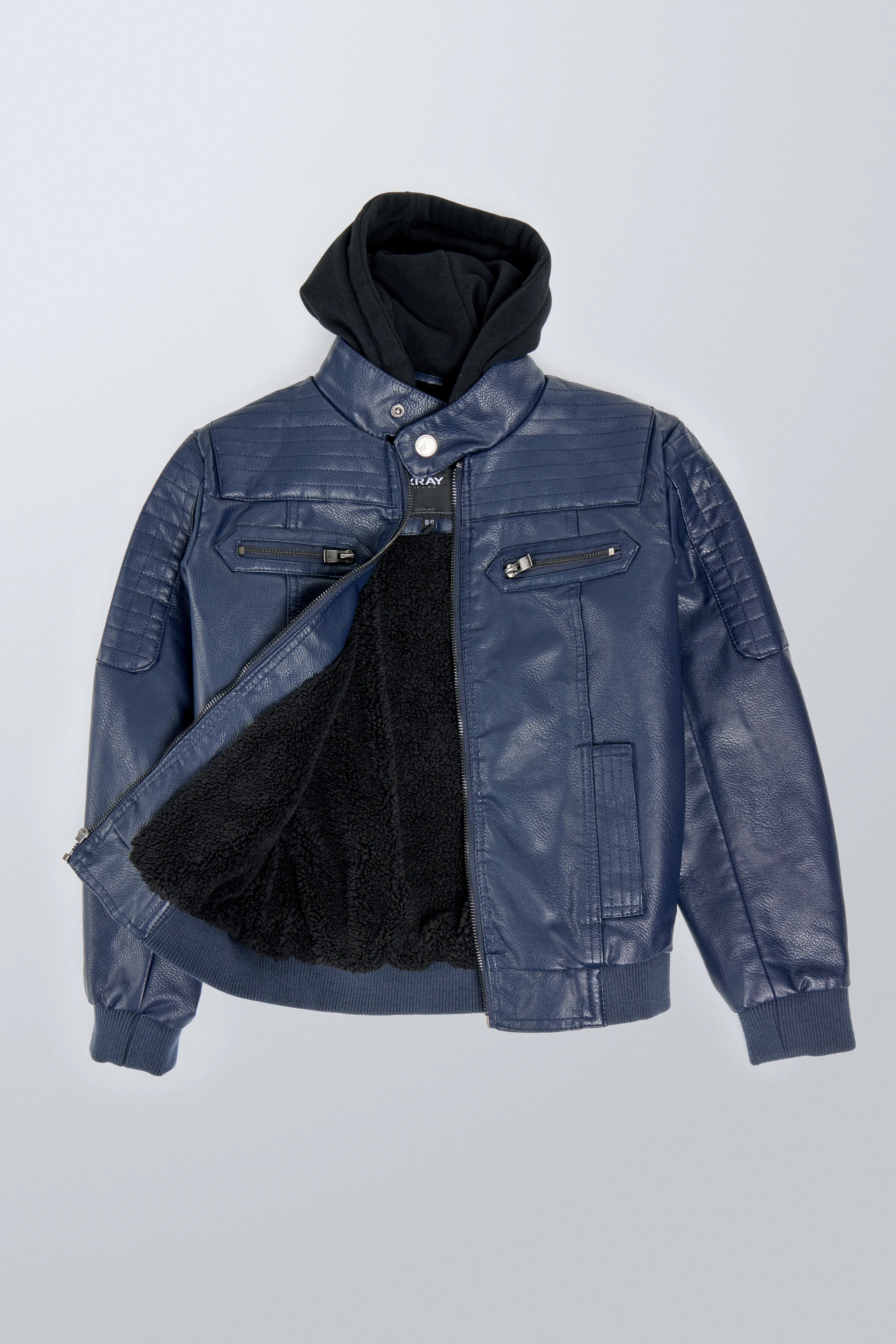 X RAY Boys Motorcycle PU Leather Jacket With Knit Hood