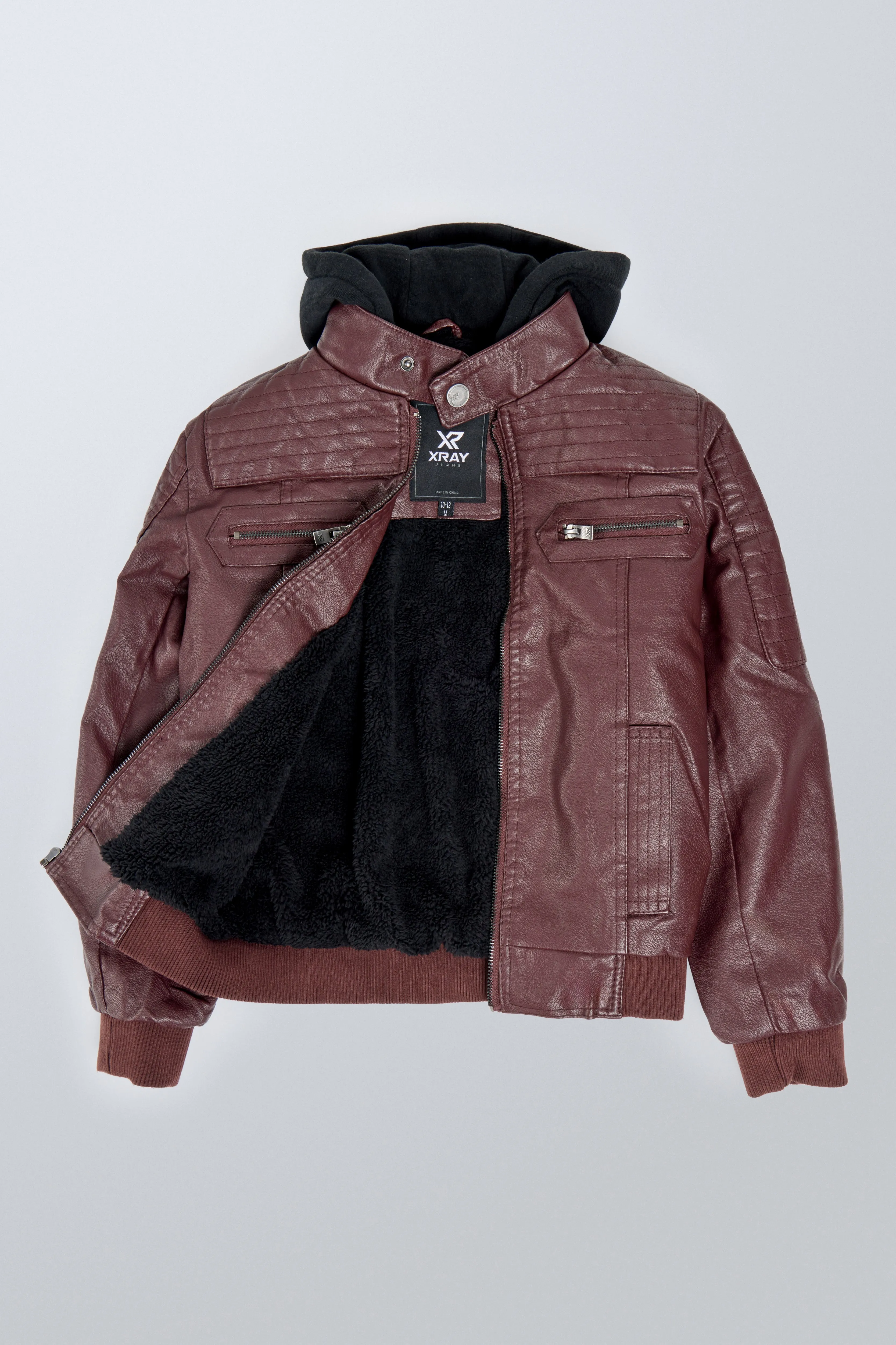 X RAY Boys Motorcycle PU Leather Jacket With Knit Hood